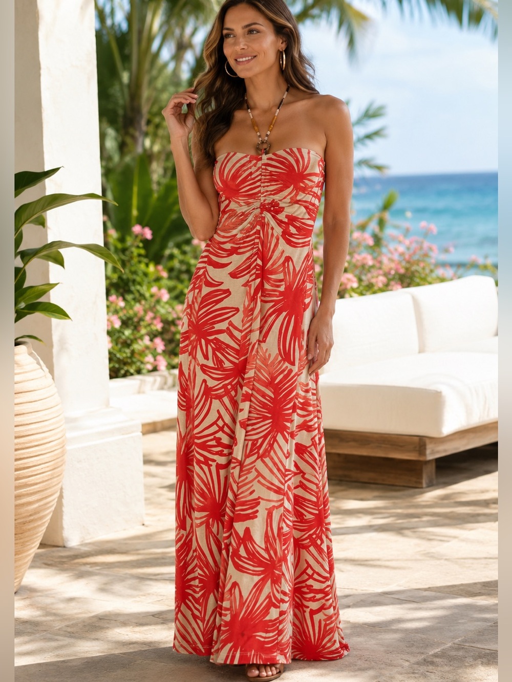 Tommy Bahama XS/TP Halter Maxi Dress Tropical Floral Red Tan Ruched Stretch EUC